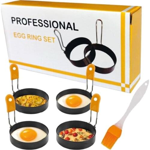 Egg Ring Set Round Egg Cooker Mold with Silicone Anti-scald Handle and Oil Brush, Stainless Steel Non Stick Circle Omelette Tool