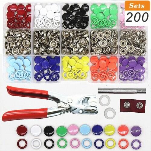 10 Color Metal Sewing Snap Buttons Hollow Solid Press Studs Fasteners Embellishments for Clothing Plier Tool 100/200 Set