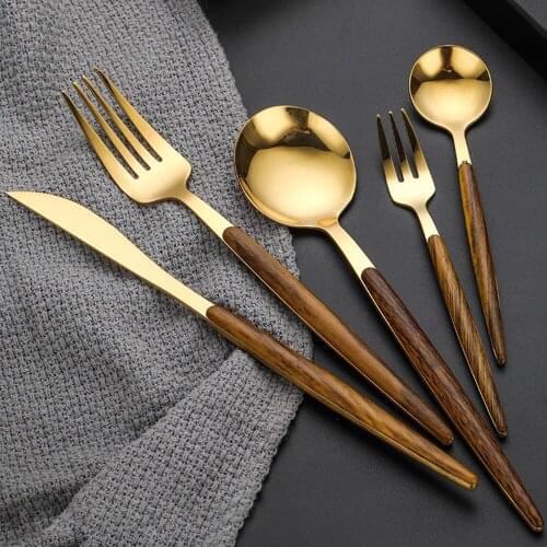 5PCS Gold Silver Stainless Steel Cutlery Set Metal Spoon Fork Knife Western Flatware Tableware Dinnerware with Wooden Handle