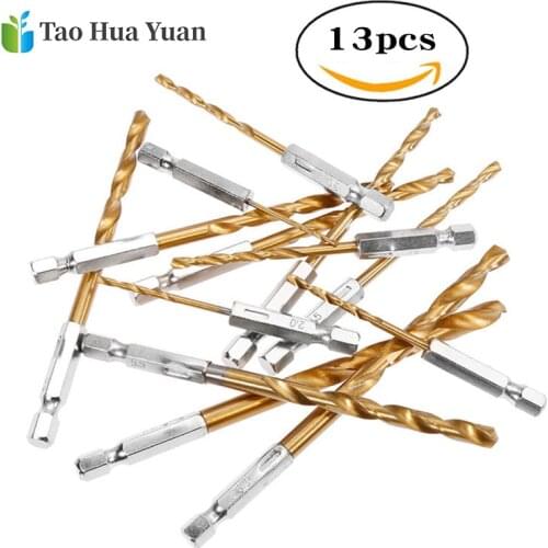 13pcs Titanium Coated HSS Drill Bit Set for Metal Power Tools Drill Accessories with 1/4" Hex Shank Twist Drill Bit Power Tools