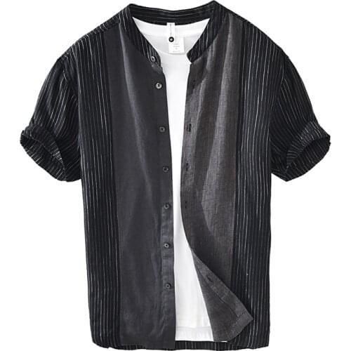 Black Striped Shirt for Men Summer New Pure Linen Short Sleeve Thin Button Up Tops Male Fashion Casual Hemp Shirt Retro Clothes
