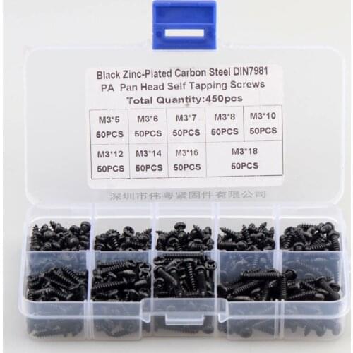 PA Self Tapping Screw Combination Suit M3 GB845 Track Screws Black Round Head Self-Tapping Screws Set Mini Tiny Hardware 450 Pcs