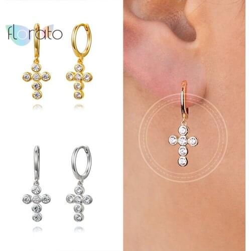 925 Sterling Silver Ear Buckle White Zircon Cross Pendant Hoop Earrings For Women Circle Earrings Fashion Christmas Jewelry