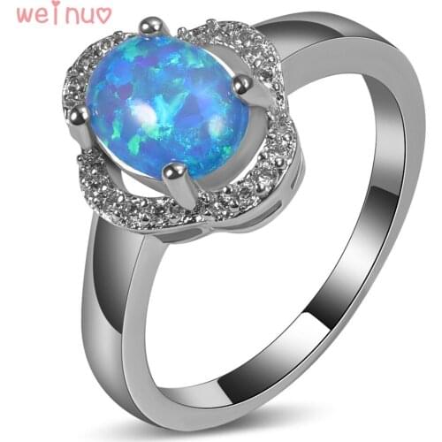 Weinuo Oval Blue Opal White Crystal Ring 925 Sterling Silver Top Quality Jewelry Wedding Ring Size 5 6 7 8 9 10 11 A262