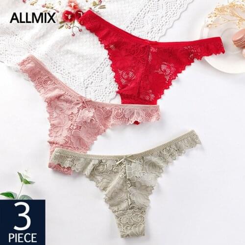 ALLMIX 3Pcs/lot Women Lace Panties Underwear Seamless Thongs With Bow Hollow Out G-String Low Rise Woman Intimates Lady Lingerie