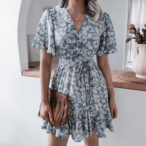 Women Dresses Summer Sexy V Neck Floral Print Boho Beach Dress Ruffle Short Sleeve A Line Mini Dress Sundress Robe Dropshipping