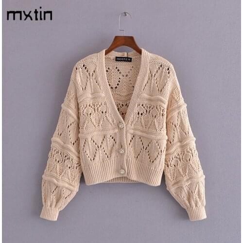 2021Womens Spring Fashion Hollow Out Knitted Cardigan Sweater Vintage Pearl ButtonsLong Sleeve V-neck Chic Loose Casual Tops