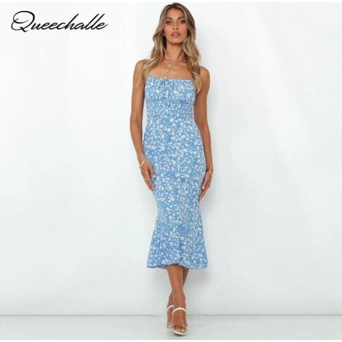 Light Blue Print Boho Dress Summer Women Sexy Spaghetti Strap Empire Mermaid Dress Strapless Bow Ties Elegant Midi Dresses Party