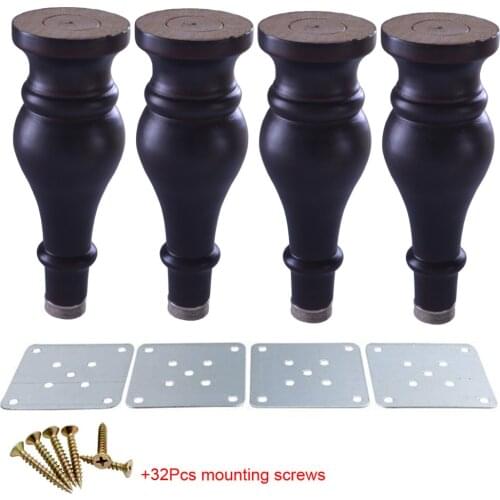 4pcs Wooden Furniture Legs Feet 180x65x25mm Gourd-shaped Black Eucalyptus Wood Sofa Bed Cupboard with Iron Sheet & felt pad