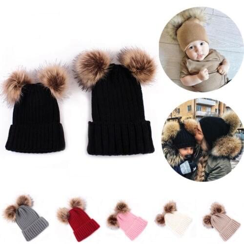 FOCUSNORM Mom Baby Kid Winter Warm Hat Raccoon Fur Beanie Cotton Knitted Parent-Child Hat Xmas