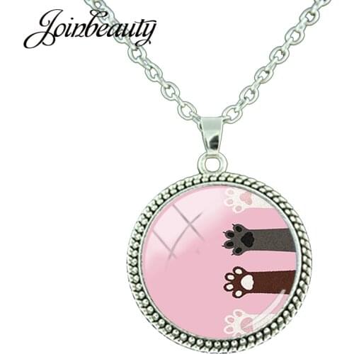 JOINBEAUTY Cat Dog Paw Print Round Glass Pendant Necklace Cute Girl Beautiful Women Long Chain Wedding Party Jewelry NT324