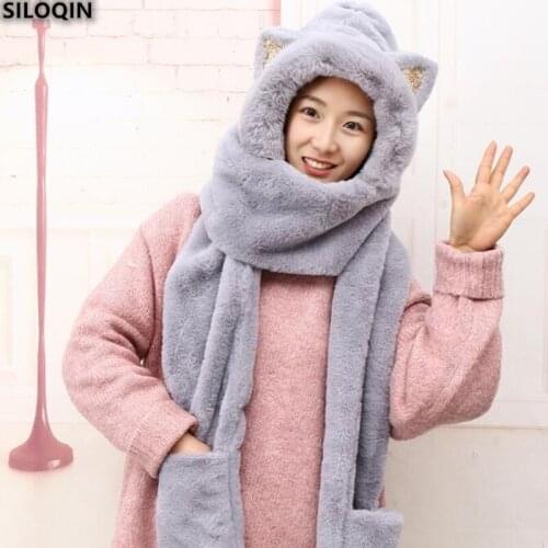 SILOQIN 2021 New Cute Cat Ears Plush Winter Hat Female Winter Keep Warm Siamese Ear Protection Hats Scarf Gloves Schoolgirl