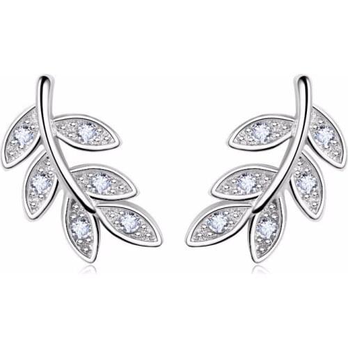 New Modern Rhinestone Leaves Beautiful Elegant Pure 925 Sterling Silver Great Wholesale Stud Earrings Fashion Women Gift