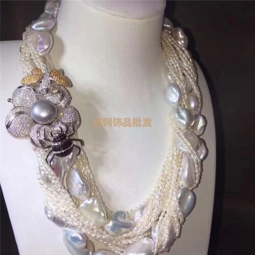 Wholesale Genuine 30" 7row white Freshwater pearl necklace Insect micro-set diamond butterfly ornament pendant pearl necklace