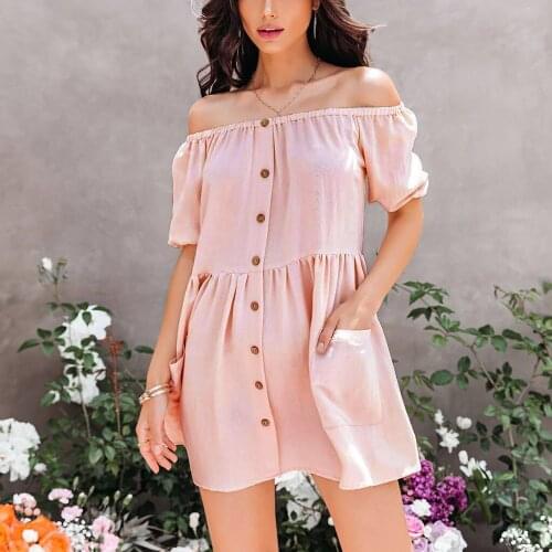 Pockets Leisure Dress Womens Solid Color Mid-skirt High-waist Casual Hedging One-line Collar Dress Summer Dresses For Women