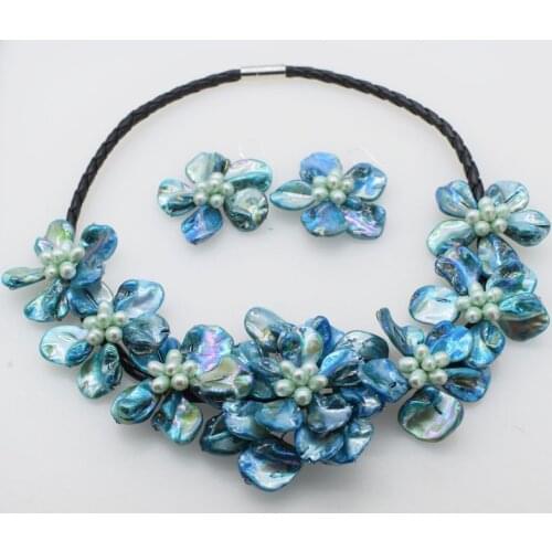 Freshwater pearl blue shell baroque flower necklace earrings 18inch FPPJ wholesale beads nature