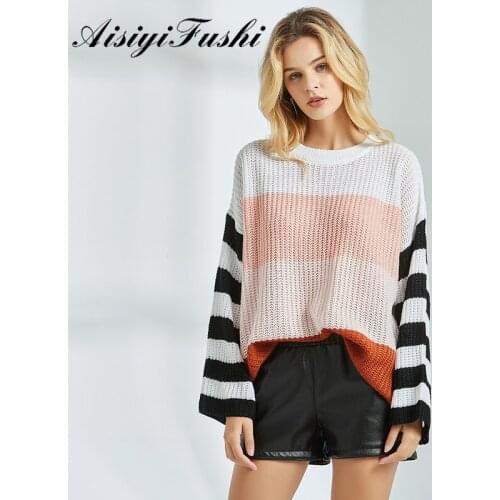 AISIYIFUSHI Rainbow Striped Pullover Sweaters Ladies Sexy Long Sleeve Batwing Loose Knitted Pullover Thin Oversize Sweater Women