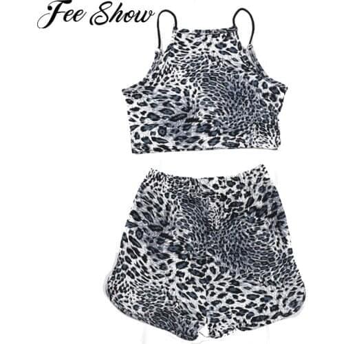 2Pcs Kids Girls Fashion Summer Sport Suit Yoga Running Sets Sportswear Leopard Print Cropped Tops and Shorts Kids Tracksuits Set