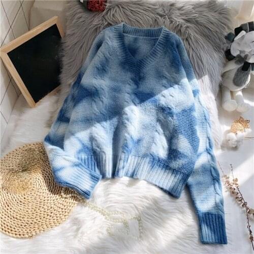 Nomikuma Tie Dye Printed Sweater Women V Neck Long Sleeve Casual Vintage Pullover Jumpers New Fashion Winter Clothes Casaco
