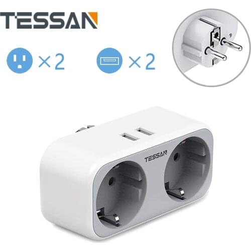 TESSAN EU Power Strip Socket with 2 AC Outlets 2 USB PortsTravel Power Strip EU plug Overload protection Extension Sockets