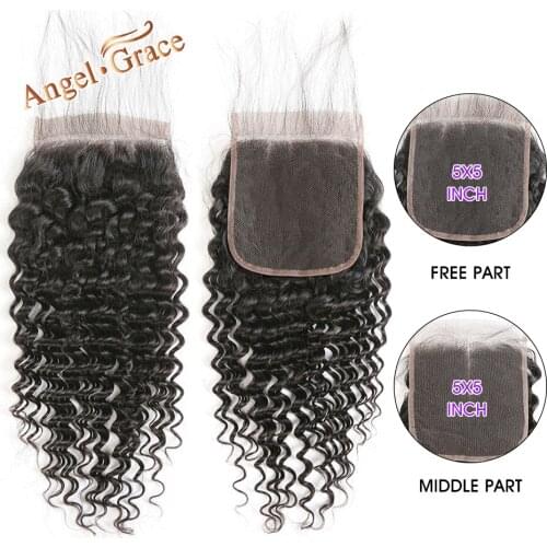 Angel Grace Hair Brazlian Deep Wave Lace Closure 5x5 Free/Middle Part Closure Remy Human Hair Closure 10-20 Inches Natural Color