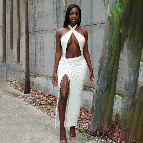 WJFZQM Halter Sexy Off Shoulder Cross Bandage Dresses For Women Party Fashion Hollow Out Backless Pleated Side Slit Whiter Dress