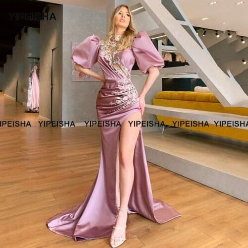 Yipeisha High Collar Mermaid Prom Dresses Custom Made Puff Sleeves Pink Evening Gown with Slit Heavily Beaded Party Dress 2021