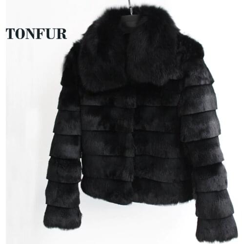 2019 Vintage Full Pelt Stripe Fur Cut Jacket Real Rabbit Fur Coat with Genuine Fox Fur Collar Low Discount good quality TSR180
