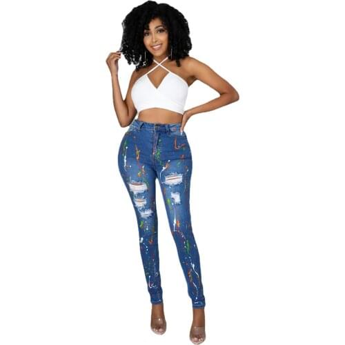 Women Jeans Ripped Hole Leggings Pencil Long Pants Sexy Print Bodycon Casual High Waist Slim Denim Trousers