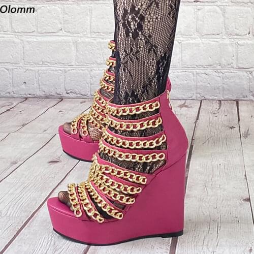 Olomm Handmade Women Gladiator Sandals Chain Zipper Wedges Heels Open Toe Fuchsia Red Purple Party Shoes Women US Plus Size 5-20