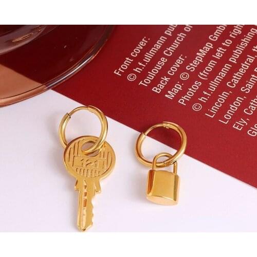 ALLNEWME Exaggerated Gold Colour Lock Key Asymmetric Pendant Earrings for Women Ladies Titanium Steel Earrings Accessories