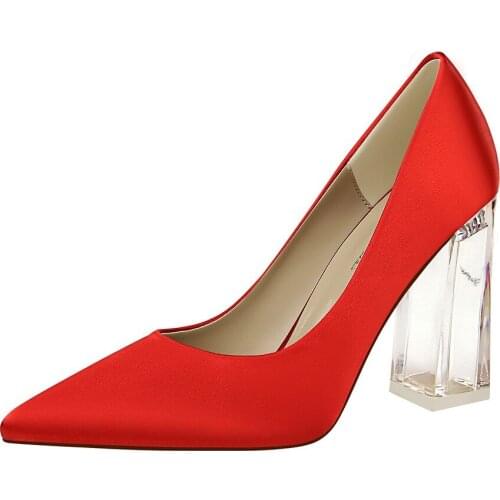 Women Clear Crystal Block High Heels Pointed Toe Party Banquet Dress Shoe Size Big Plus 12Colors New 2022