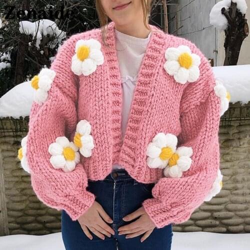 Zenaide Oversized Lantern Long Sleeve Knit Cardigan Sweaters Women Fashion 3D Floral Kawai Autumn Winter Top Vintage Casual Y2K