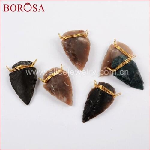 BOROSA 10/20PCS Gold Wire Wrap Natural Jaspers Arrowhead Connector Natural Stone Jewelry Necklaces Pendants for Making G1645