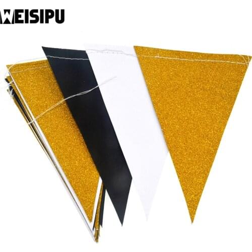 3m 15 Flags New Fashion Black White Gold Flag Banner Glitter Paper Pennant Bunting Garland Wedding Birthday Party Decoration