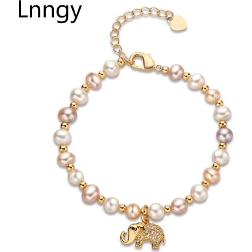 Lnngy 14K Gold Filled Bracelet 4.5-6.5mm Natural Freshwater Oval Pearl Lovely Elephant Charm Bracelet Women Jewelry Dropshipping