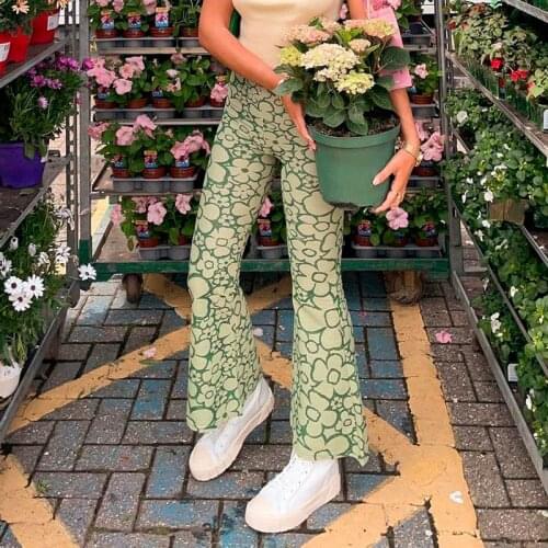 Womens Floral high waist flare pants green casual women loose trousers summer female loose bell bottom streetwear pants 2021
