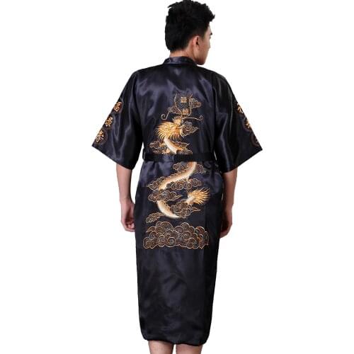 Black Chinese Mens Satin Robe Gown Embroidery Kimono Yukata Bathrobe Nightwear Dragon Sleepwear Plus Size S M L XL XXL XXXL