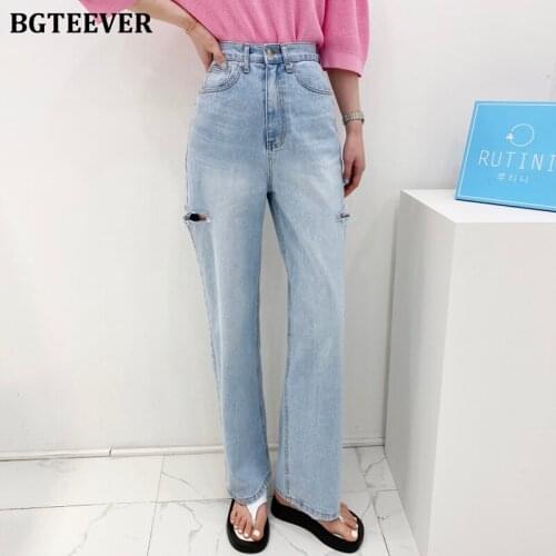BGTEEVER Summer Autumn Fashion Ripped Holes Women Blue Jeans Trousers Casual Loose High Waist Female Wide Leg Denim Pants 2021