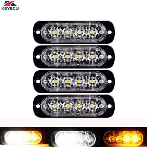 KEYECU 4 Pieces 12V Amber/White 4-LED Waterproof Emergency Beacon Flash Caution Light Surface Mount Strobe Light Bar 19 Patterns