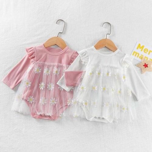 Autumn Newborn Baby Girl Clothes Cotton Ribbed Long Sleeve Baby Bodysuit Jumpsuit Cute Flower Embroidery Girls Mesh Dress