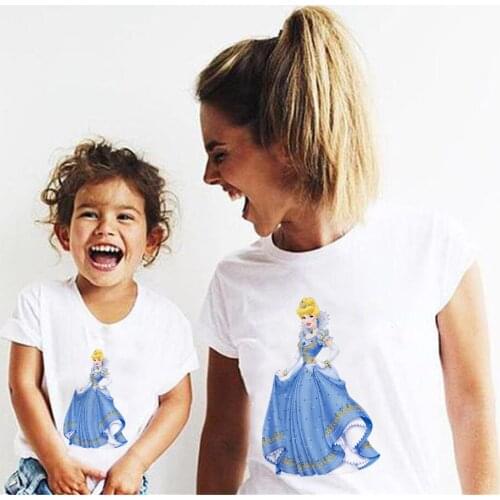 Summer Kids T Shirts Short Sleeve White O-neck Womens Tshirt Disney Cartoon Princess Printed Mommy And Daughter Matching Outfit