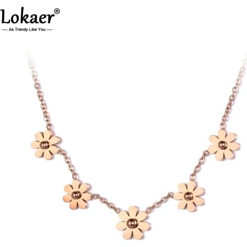 Lokaer Trendy Jewelry 5 Daisy Flowers Necklace Stainless Steel Rose Gold Color Cute & Casual For Girl Gift N18073