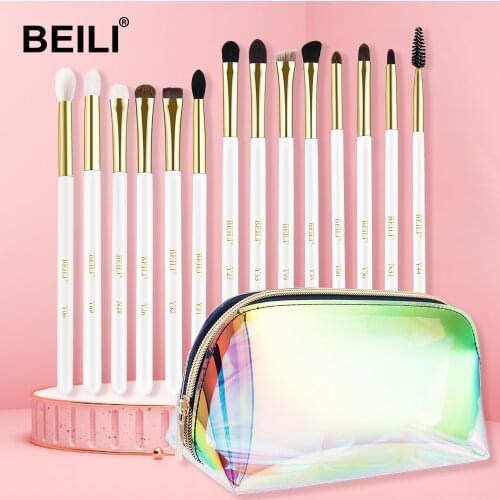BEILI Makeup Brush Set 14pcs White High Quality Goat Hair Eye Shadow Blending Eyelash Eyeliner Make up Brushes With Cosmetic Bag