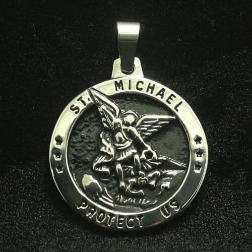 Newest Men Cool 316L Stainless Steel Star SAINT MICHAEL PROTECT US Round Medal Pendant