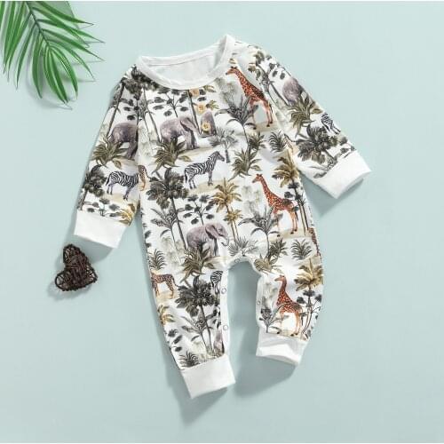 New Fashion Infant Baby Boys Casual Jumpsuit 2021 Fashion Long Sleeve Forest Animals Printing Button Long Romper