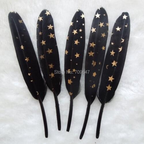 Plume!50Pcs/Lot!Painted Black Goose Feathers Gold Pentagram Paint Craft Goose Feathers Unique Wedding Feathers