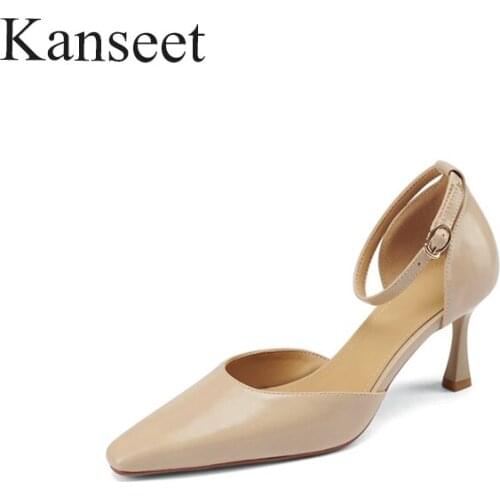 Kanseet High Heel Shallow Sandals Prom Party Dress New Summer Real Leather Women Sandals Buckle Strap Square Toe Female Stiletto
