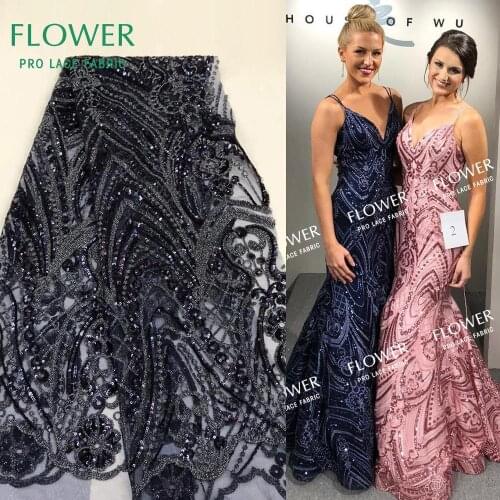 Deep Blue Sequins Mesh Net Lace Fabrics High Quality Sequined Embroidered Guipure Mesh Tulle Lace Wedding Prom Dresses Fabircs