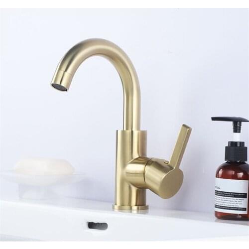 Basin Faucet Brass Sink Mixer Tap Hot & Cold Bathroom Brushed Gold Faucet Single Handle Deck Mounted Lavatory Crane Tap